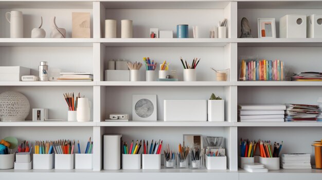 a white shelf with a lot of things on it