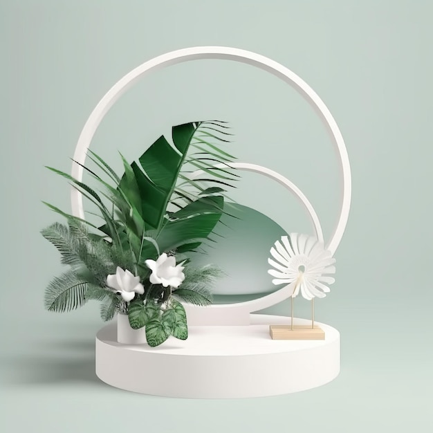 A white shelf with a plant and a small white windmill on it.