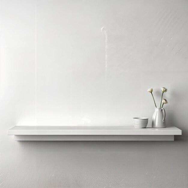 White shelf with vase and flowers on white wall 3d render