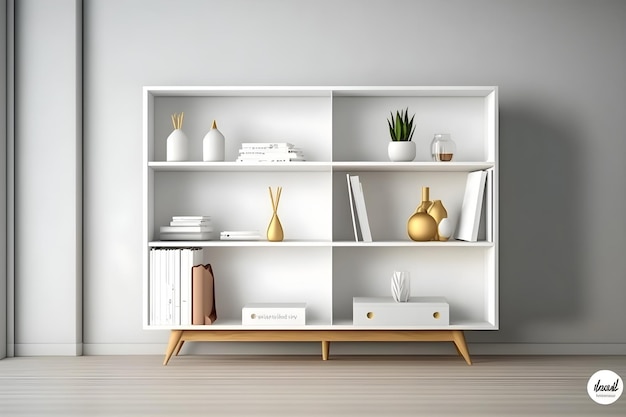 A white shelf with a vase and other items on it.