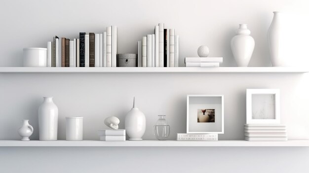 Photo white shelves with white books and decor light white interior of living room or cabinet in house stylish and cozy design in minimalist style generative ai