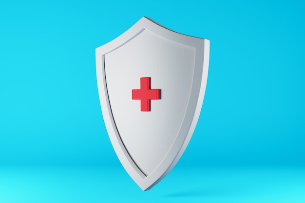 White shield with a red medical cross Protecting health from viruses and infections 3d illustration