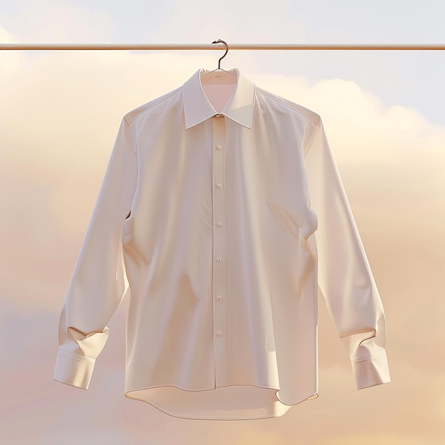 a white shirt hanging on a clothes hanger with a sky background