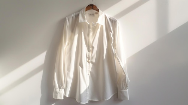 a white shirt hanging on a hanger with a white shirt hanging on a wall