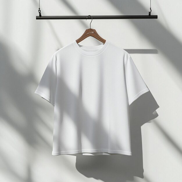 a white shirt hanging on a hanger with a white t - shirt hanging on a white wall