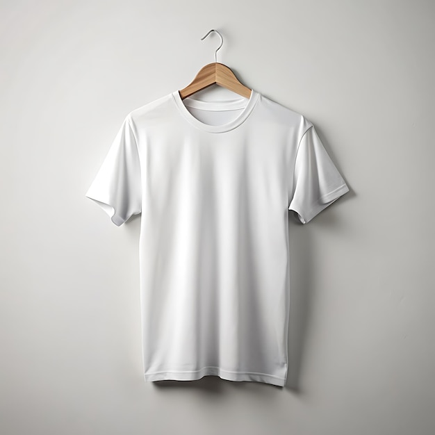 a white shirt hanging on a hanger with a wooden hanger hanging from it