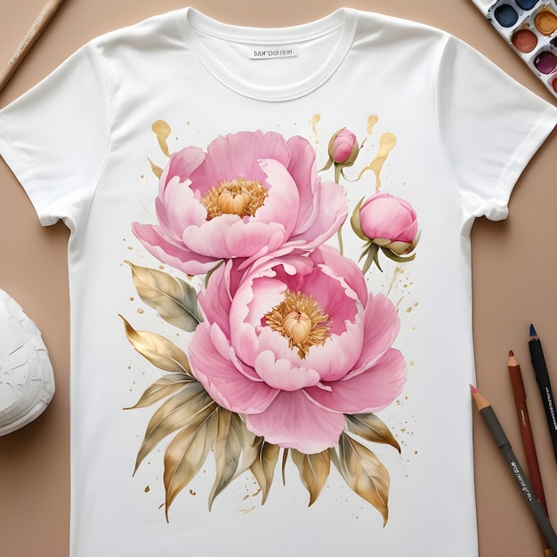 A white shirt painted with pink flowers with gold accents it is displayed on a table