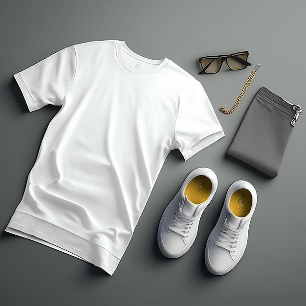 A white shirt and sunglasses are on a gray background.