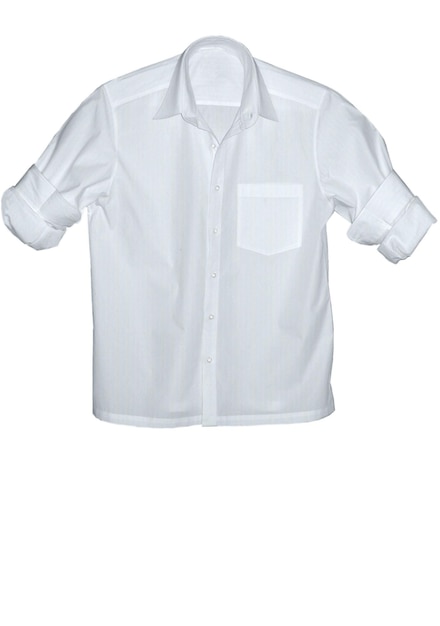 A white shirt with a blue pocket is hanging on a white background.