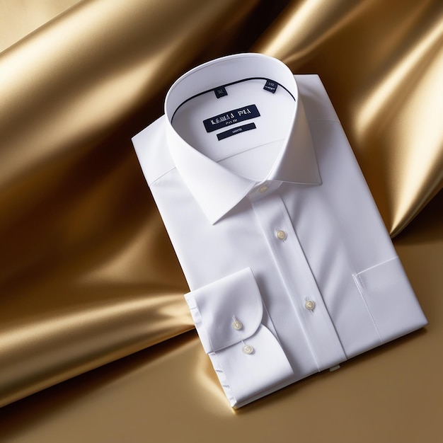 a white shirt with a gold design is displayed on a gold background