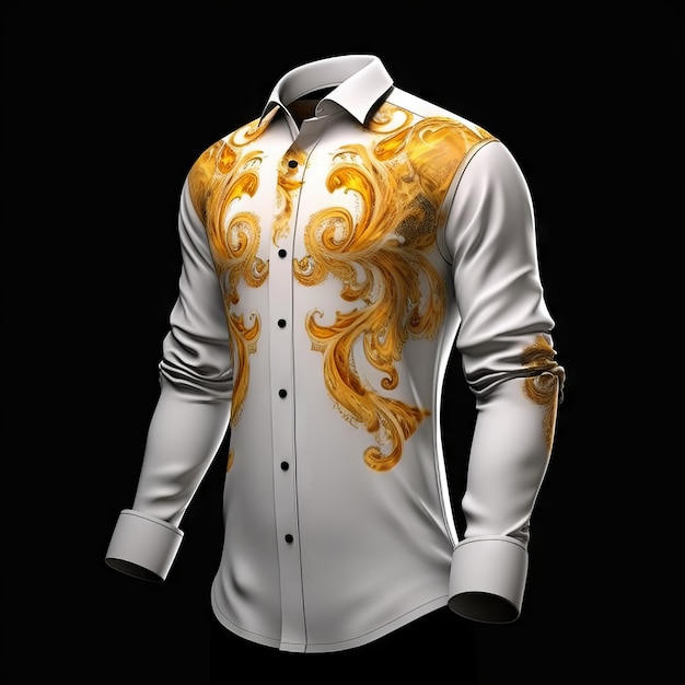 a white shirt with gold designs and a gold design