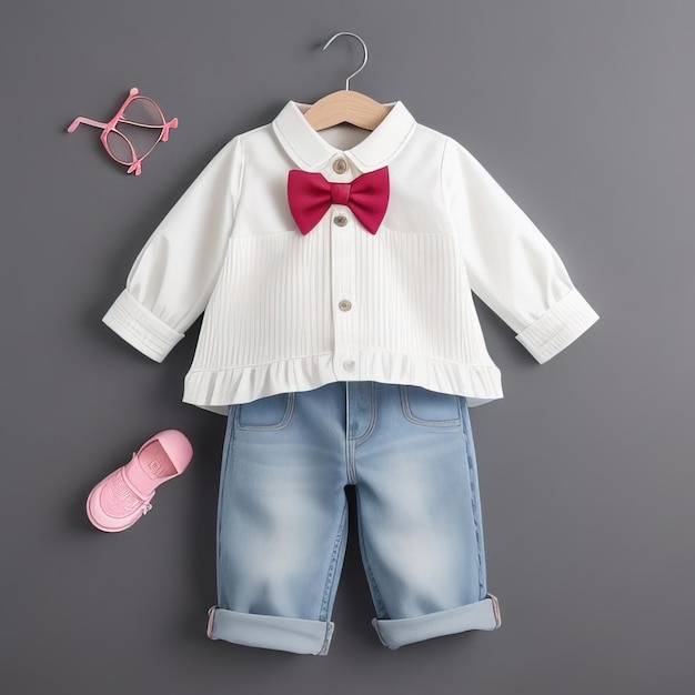 a white shirt with a red bow is hanging on a hanger