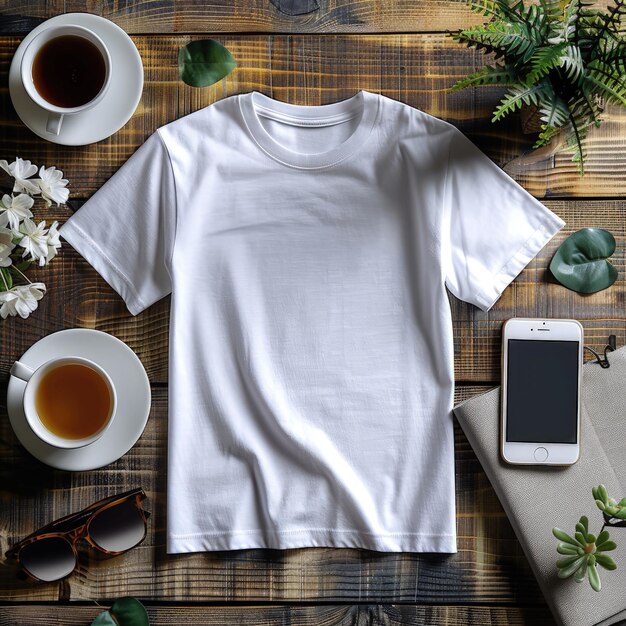 a white shirt with a white shirt on it sits on a table with a cup of tea and a phone