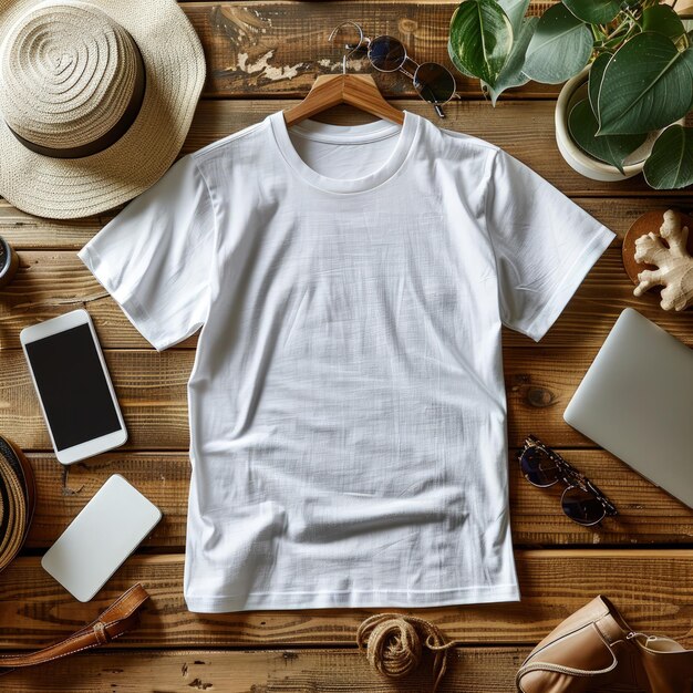 a white shirt with a white shirt on it sits on a table with a phone and a hat on it