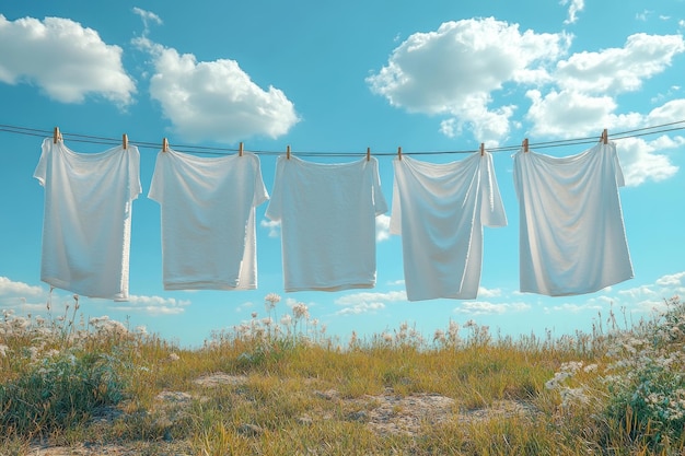 White Shirts Drying on a Clothesline Under a Blue Sky