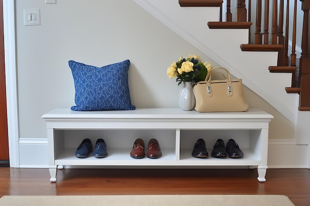 Photo white shoe bench with blue throw pillow and flowers in a modern home