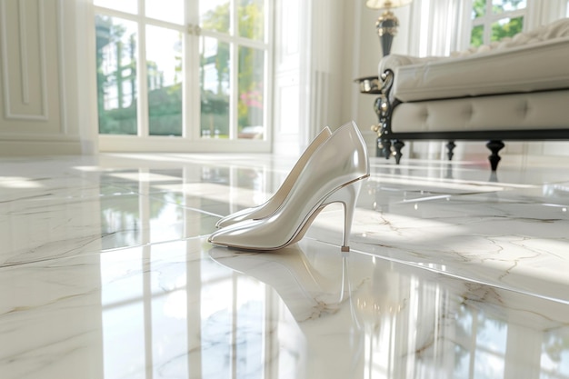 Photo a white shoe is on a white marble floor