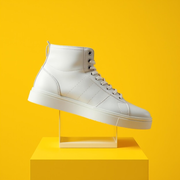 Photo a white shoe is on a yellow platform with a yellow background