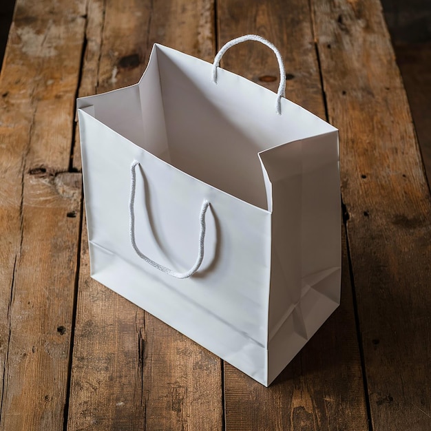 a white shopping bag with a handle on it sits on a wooden table