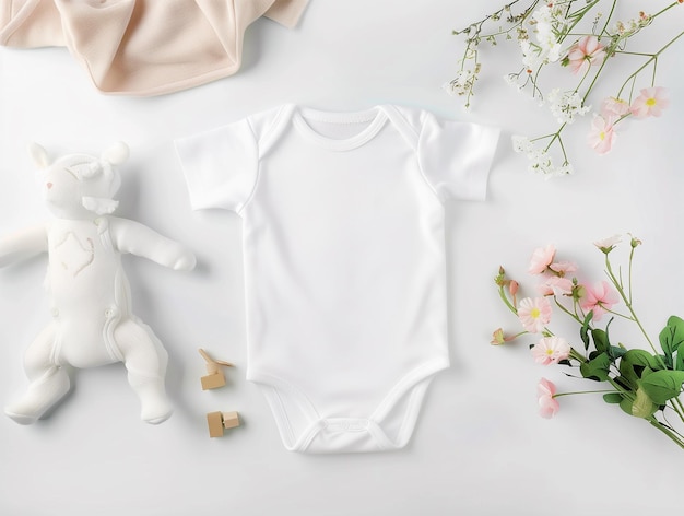 Photo white shortsleeve baby bodysuit with wooden toy on a white blanket infant onesie mockup neutral