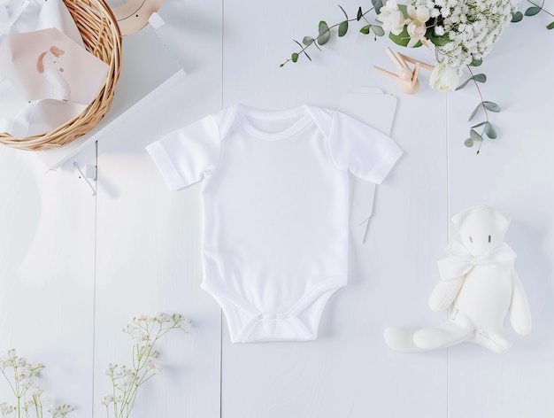 White shortsleeve baby onesie and natural wooden toy arranged on awhite background Newborn bodysuit