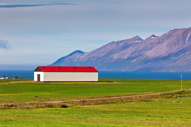 White Siding Icelandic House with Red Roof