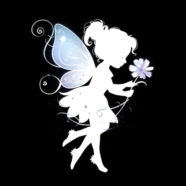 A white silhouette fairy girl holding a flower art design