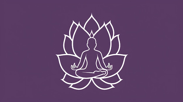 A white silhouette of a person meditating on a lotus flower against a purple background