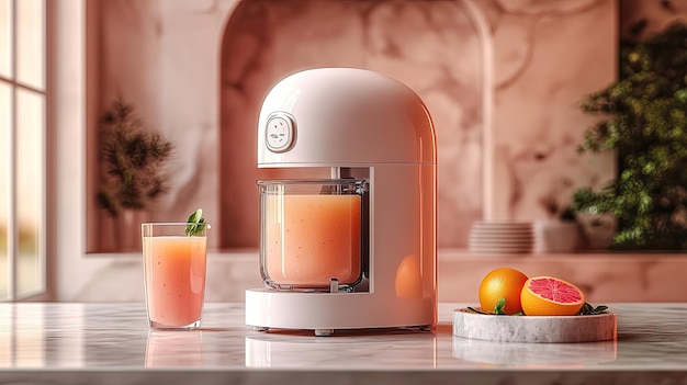 Photo a white and silver appliance with a glass of juice and fruit