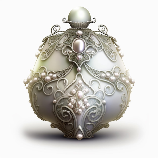 A white and silver egg with a pearl design on it.