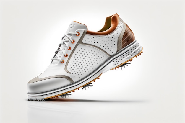 A white and silver shoe with the word golf on it