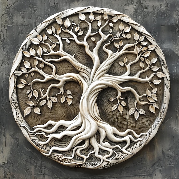 White silver tree of life with leaves detailed wood carving in the style of grayscale