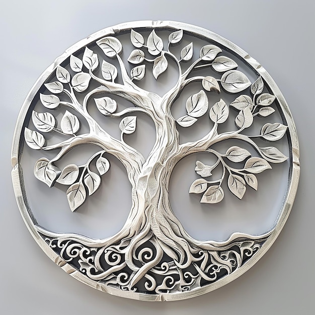 White silver tree of life with leaves detailed wood carving in the style of grayscale