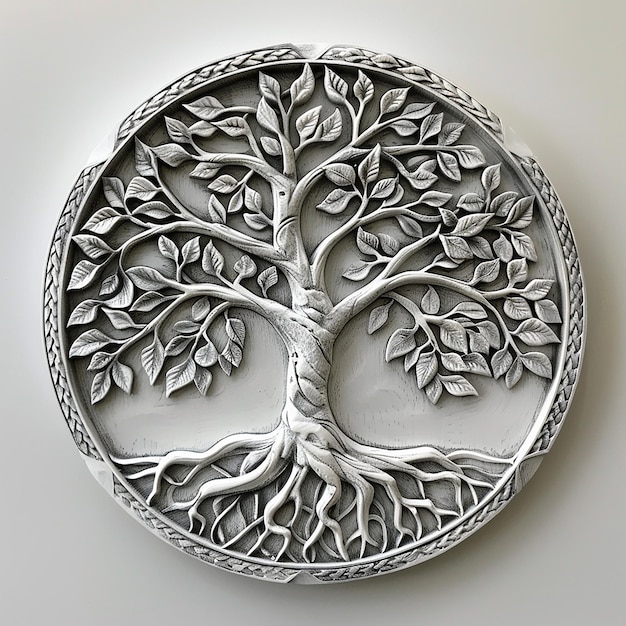 White silver tree of life with leaves detailed wood carving in the style of grayscale