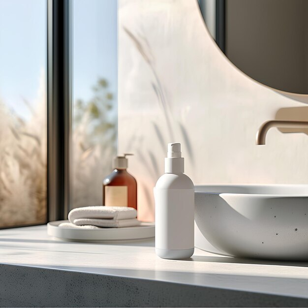 A white sink sitting next to a window next to a white bowl and bottle of lotion on a counter