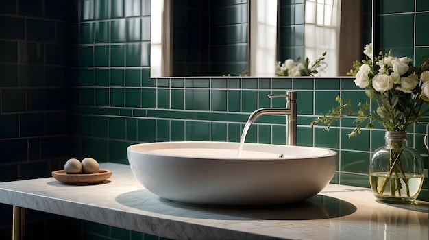 a white sink with a green tile wall behind it and a large mirror