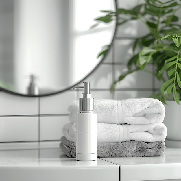 A white sink with a mirror and a stack of towels on it next to a plant and a mirror