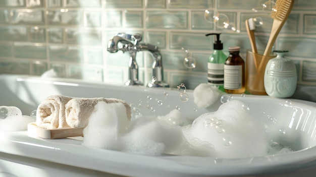 Photo a white sink with soap and soap on it