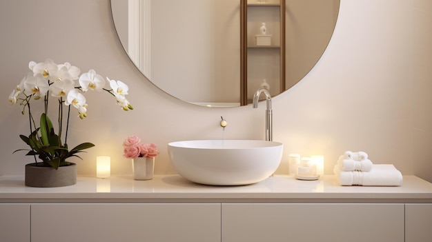 White sinks near soap dispenser and decorative flower