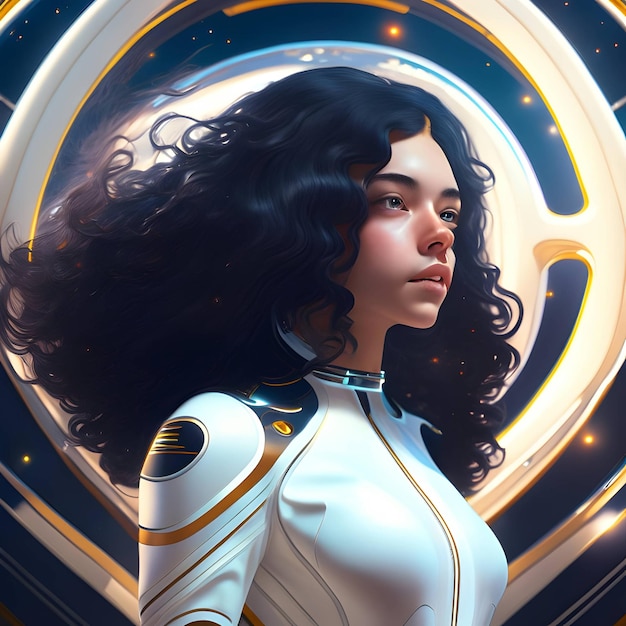 white skin black hair girl in space plane portrait ai generative