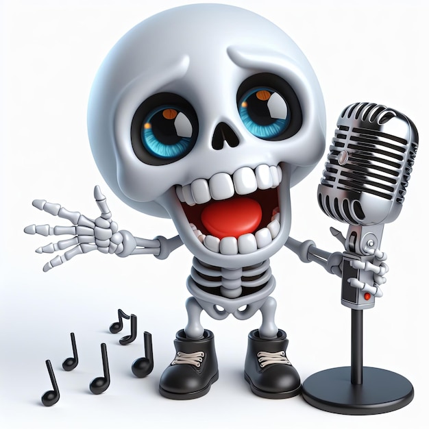 a white skull with blue eyes and a microphone in front of it