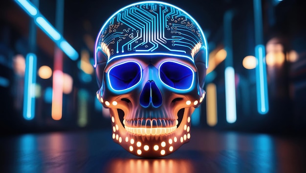 Photo a white skull with glowing blue and orange lights the skull is lit from the inside