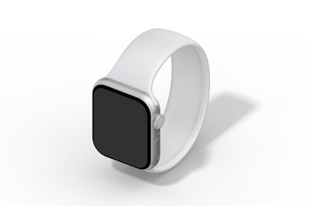 A white smart watch with a black face.