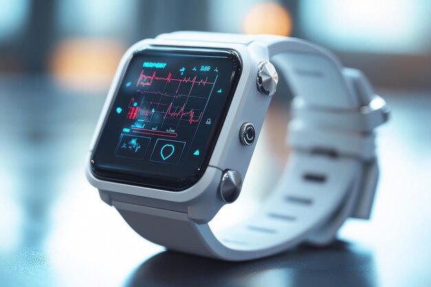 White Smartwatch Displaying Heart Rate and Time