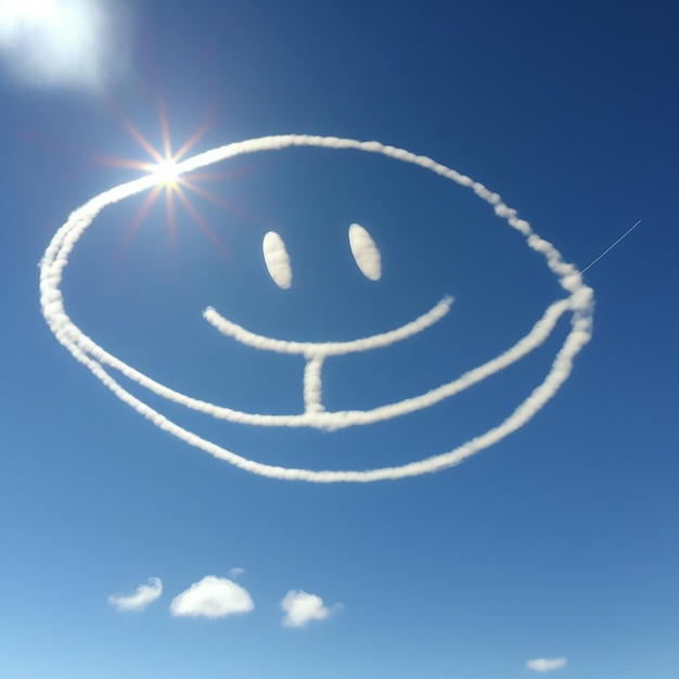 A white smiley in the sky a smiley face drawn by the smoke of an airplane on a blue background