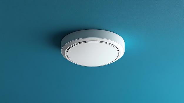 White Smoke Detector Mounted on a Blue Ceiling