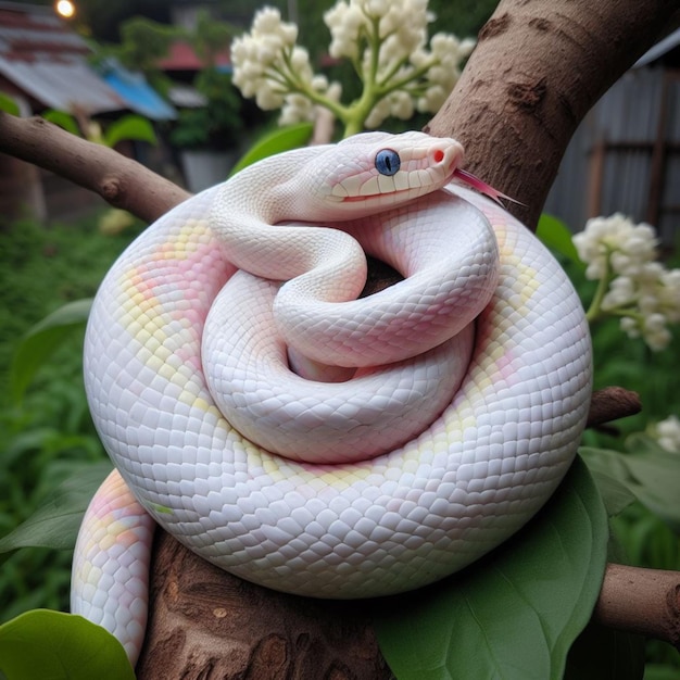 white snake curled up in tree branch