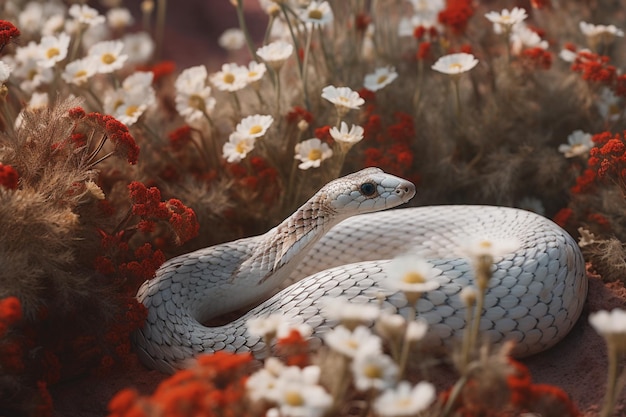 A white snake in a field of flowers