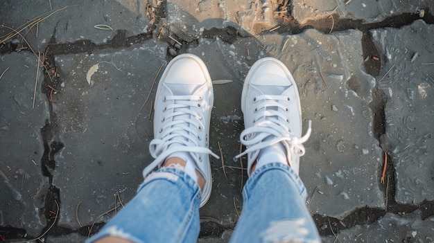 Photo white sneakers on cobblestone