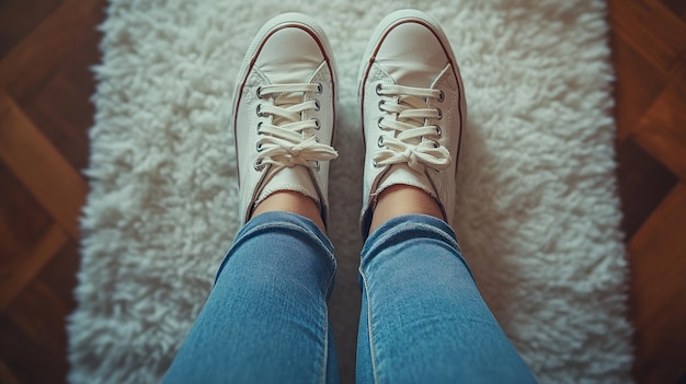 Photo white sneakers on a fluffy rug